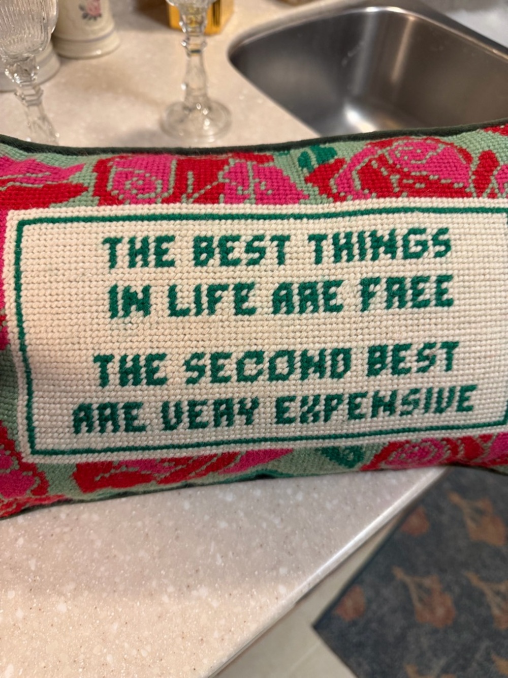 Playful Stitched Quote Lumbar Pillow - Green Text with Pink Floral Trim